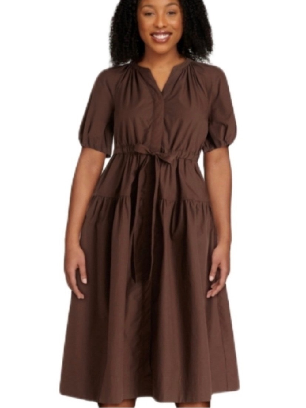 Relaxed Brown Midi Dress with Tie Waist - Women